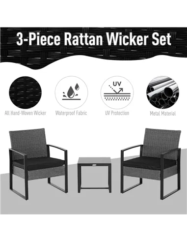 Outsunny 2 Seater Rattan Patio Set W/ Cushions-Grey/Black