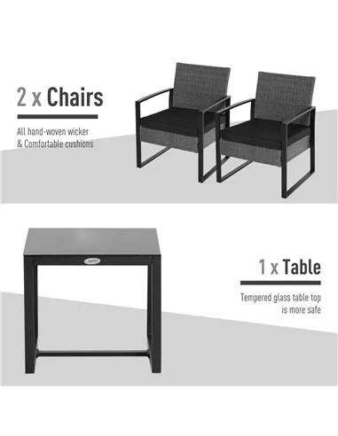 Outsunny 2 Seater Rattan Patio Set W/ Cushions-Grey/Black