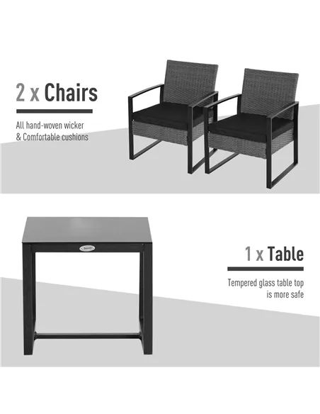 Outsunny 2 Seater Rattan Patio Set W/ Cushions-Grey/Black