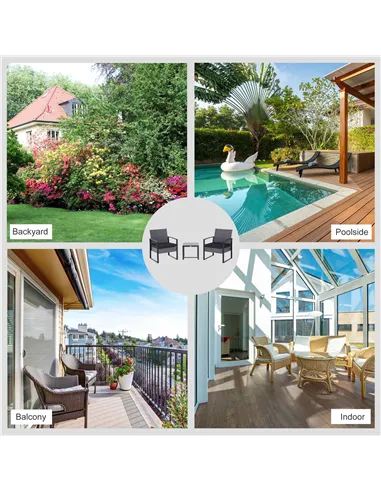 Outsunny 2 Seater Rattan Patio Set W/ Cushions-Grey/Black