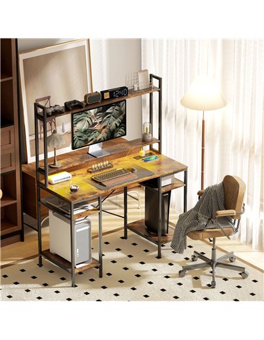 HOMCOM Computer Desk with Power Outlets and LED Lights, Home Office Desk with Monitor Stand, 2 CPU Stands and Storage Shelves, S