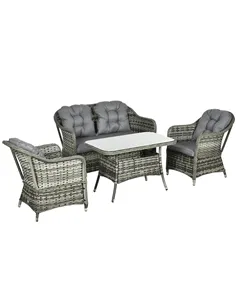 Outsunny Four-Piece Rattan Set, with Glass-Top Table - Grey
