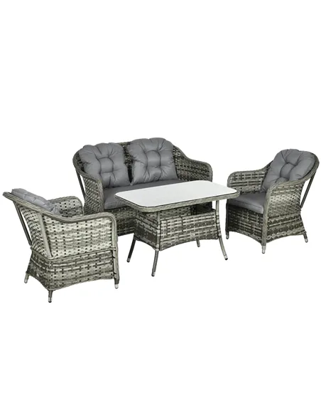 Outsunny Four-Piece Rattan Set, with Glass-Top Table - Grey
