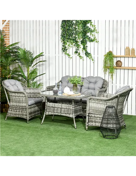 Outsunny Four-Piece Rattan Set, with Glass-Top Table - Grey