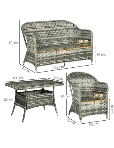 Outsunny Four-Piece Rattan Set, with Glass-Top Table - Grey
