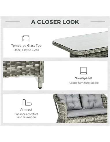 Outsunny Four-Piece Rattan Set, with Glass-Top Table - Grey