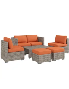 Outsunny Eight-Piece Rattan Garden Set, with Contrast Cushions - Orange/Grey