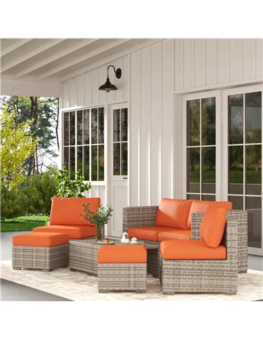 Outsunny Eight-Piece Rattan Garden Set, with Contrast Cushions - Orange/Grey