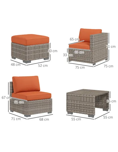 Outsunny Eight-Piece Rattan Garden Set, with Contrast Cushions - Orange/Grey