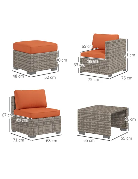 Outsunny Eight-Piece Rattan Garden Set, with Contrast Cushions - Orange/Grey