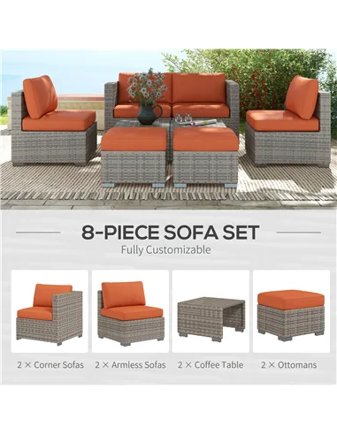 Outsunny Eight-Piece Rattan Garden Set, with Contrast Cushions - Orange/Grey