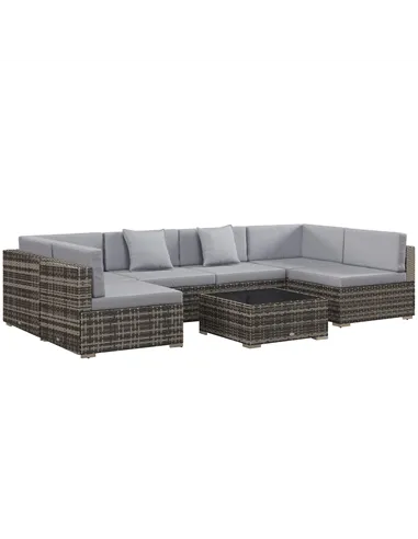 Outsunny Seven-Piece Rattan Garden Set, with Glass-Top Table - Mixed Grey