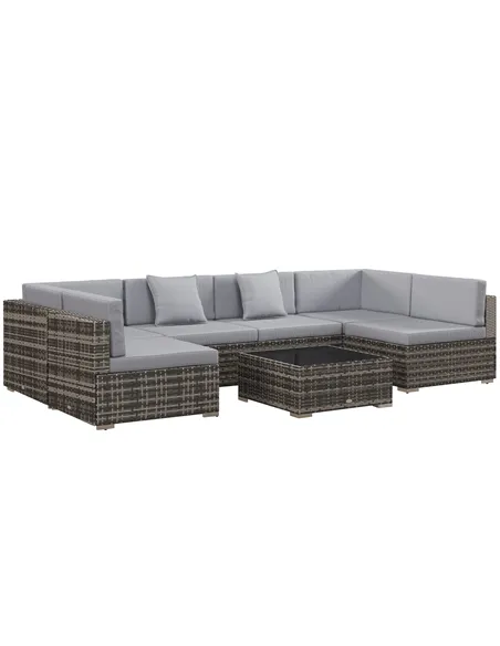 Outsunny Seven-Piece Rattan Garden Set, with Glass-Top Table - Mixed Grey