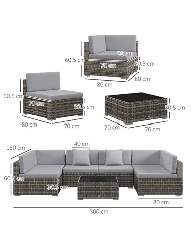 Outsunny Seven-Piece Rattan Garden Set, with Glass-Top Table - Mixed Grey