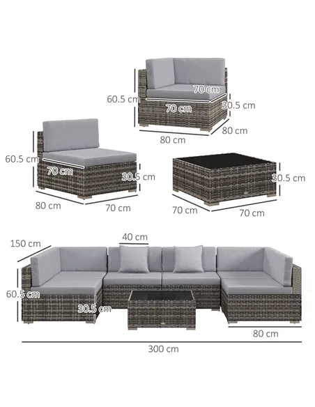 Outsunny Seven-Piece Rattan Garden Set, with Glass-Top Table - Mixed Grey