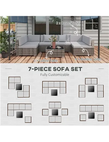 Outsunny Seven-Piece Rattan Garden Set, with Glass-Top Table - Mixed Grey