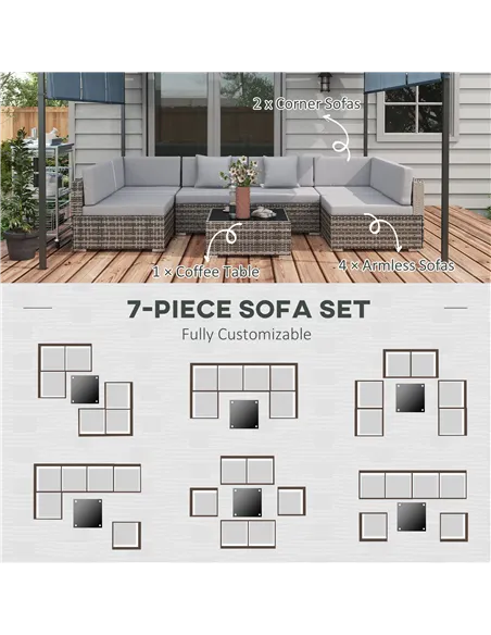Outsunny Seven-Piece Rattan Garden Set, with Glass-Top Table - Mixed Grey