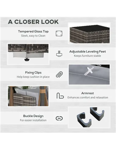 Outsunny Seven-Piece Rattan Garden Set, with Glass-Top Table - Mixed Grey