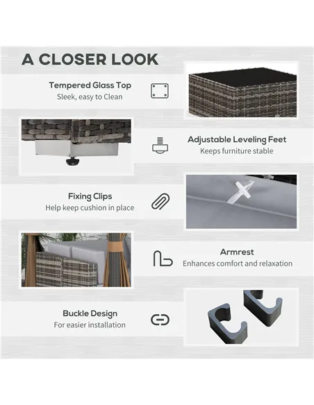 Outsunny Seven-Piece Rattan Garden Set, with Glass-Top Table - Mixed Grey