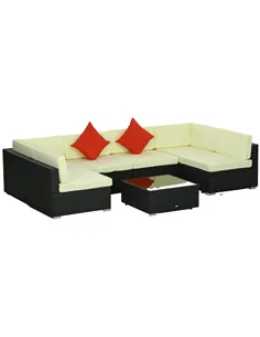 Outsunny Seven-Piece Rattan Garden Set, with Glass-Top Table - Black/Beige