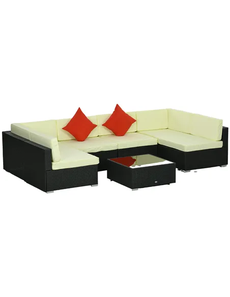 Outsunny Seven-Piece Rattan Garden Set, with Glass-Top Table - Black/Beige