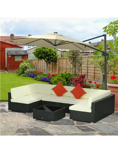Outsunny Seven-Piece Rattan Garden Set, with Glass-Top Table - Black/Beige