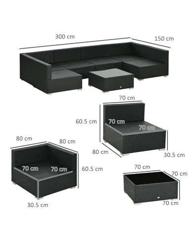 Outsunny Seven-Piece Rattan Garden Set, with Glass-Top Table - Black/Beige
