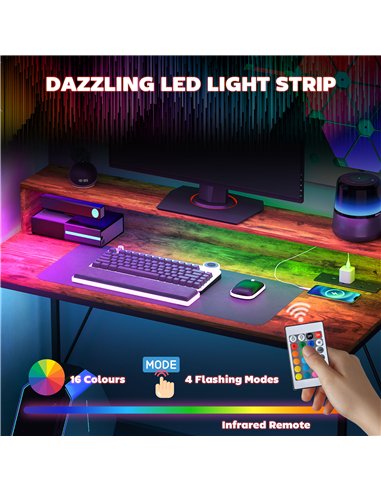 HOMCOM 120cm Computer Desk with LED Lights and Power Outlets, Gaming Desk with Monitor Stand, Computer Table with Remote for Hom