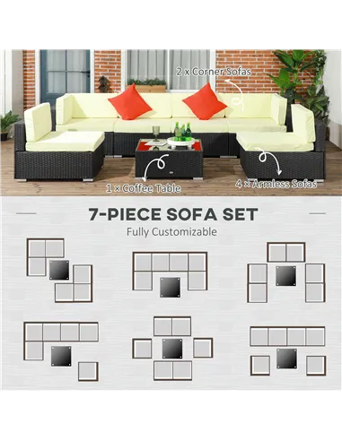 Outsunny Seven-Piece Rattan Garden Set, with Glass-Top Table - Black/Beige