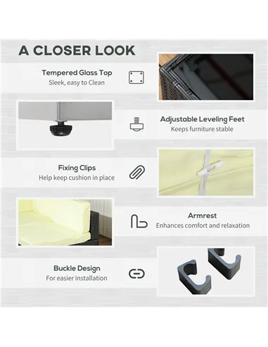 Outsunny Seven-Piece Rattan Garden Set, with Glass-Top Table - Black/Beige