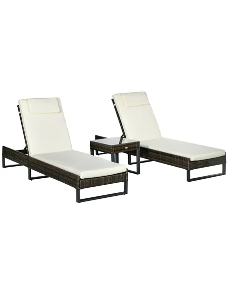 Outsunny Three-Piece Reclining Lounger Set, with Glass-Top Table - Cream