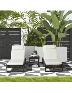 Outsunny Three-Piece Reclining Lounger Set, with Glass-Top Table - Cream 2