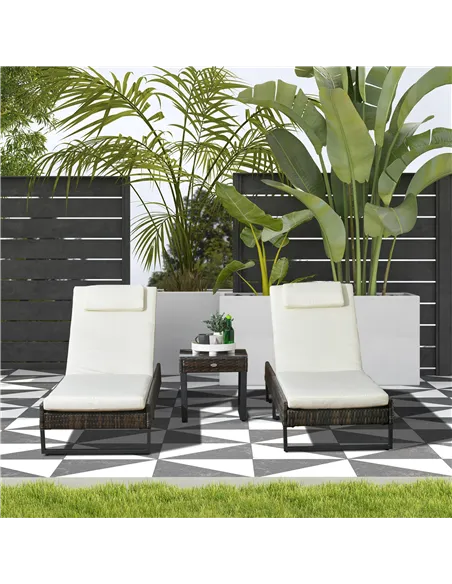 Outsunny Three-Piece Reclining Lounger Set, with Glass-Top Table - Cream
