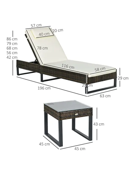 Outsunny Three-Piece Reclining Lounger Set, with Glass-Top Table - Cream