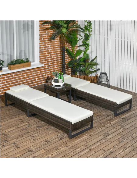 Outsunny Three-Piece Reclining Lounger Set, with Glass-Top Table - Cream