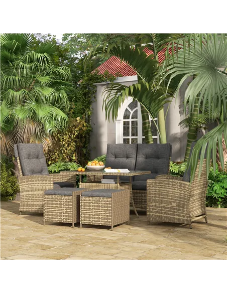 Outsunny Six-Piece Rattan Garden Set, with Reclining Chairs - Grey