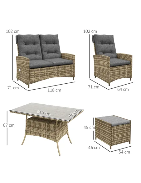 Outsunny Six-Piece Rattan Garden Set, with Reclining Chairs - Grey