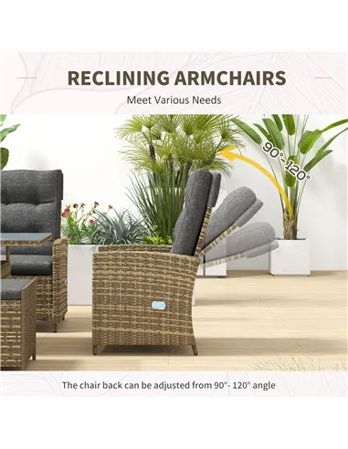 Outsunny Six-Piece Rattan Garden Set, with Reclining Chairs - Grey