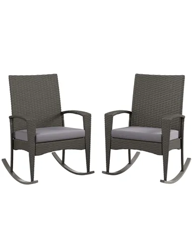 Outsunny Outdoor PE Rattan Rocking Chair Set of 2, Garden Rocking Chair Set with Armrest and Cushion, Grey