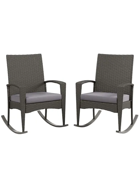 Outsunny Outdoor PE Rattan Rocking Chair Set of 2, Garden Rocking Chair Set with Armrest and Cushion, Grey