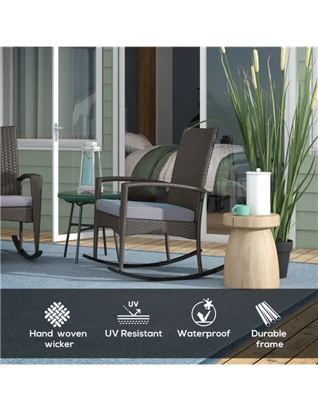 Outsunny Outdoor PE Rattan Rocking Chair Set of 2, Garden Rocking Chair Set with Armrest and Cushion, Grey