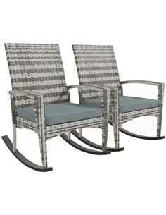 Outsunny Outdoor PE Rattan Rocking Chair Set of 2, Garden Rocking Chair Set with Armrest and Cushion, Light Grey