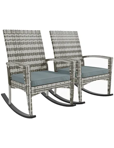 Outsunny Outdoor PE Rattan Rocking Chair Set of 2, Garden Rocking Chair Set with Armrest and Cushion, Light Grey