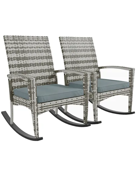 Outsunny Outdoor PE Rattan Rocking Chair Set of 2, Garden Rocking Chair Set with Armrest and Cushion, Light Grey