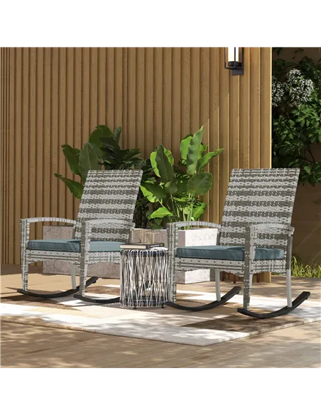 Outsunny Outdoor PE Rattan Rocking Chair Set of 2, Garden Rocking Chair Set with Armrest and Cushion, Light Grey