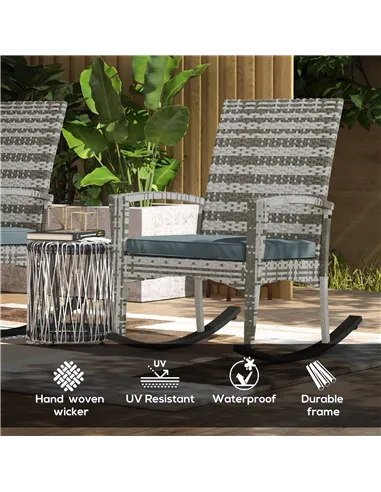 Outsunny Outdoor PE Rattan Rocking Chair Set of 2, Garden Rocking Chair Set with Armrest and Cushion, Light Grey
