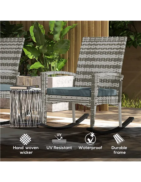 Outsunny Outdoor PE Rattan Rocking Chair Set of 2, Garden Rocking Chair Set with Armrest and Cushion, Light Grey