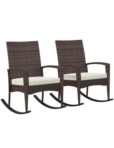 Outsunny Outdoor PE Rattan Rocking Chair Set of 2, Garden Rocking Chair Set with Armrest and Cushion, Brown