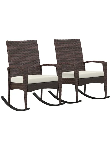 Outsunny Outdoor PE Rattan Rocking Chair Set of 2, Garden Rocking Chair Set with Armrest and Cushion, Brown