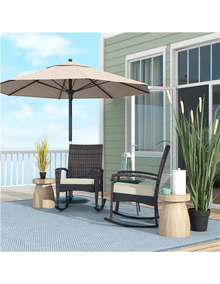 Outsunny Outdoor PE Rattan Rocking Chair Set of 2, Garden Rocking Chair Set with Armrest and Cushion, Brown